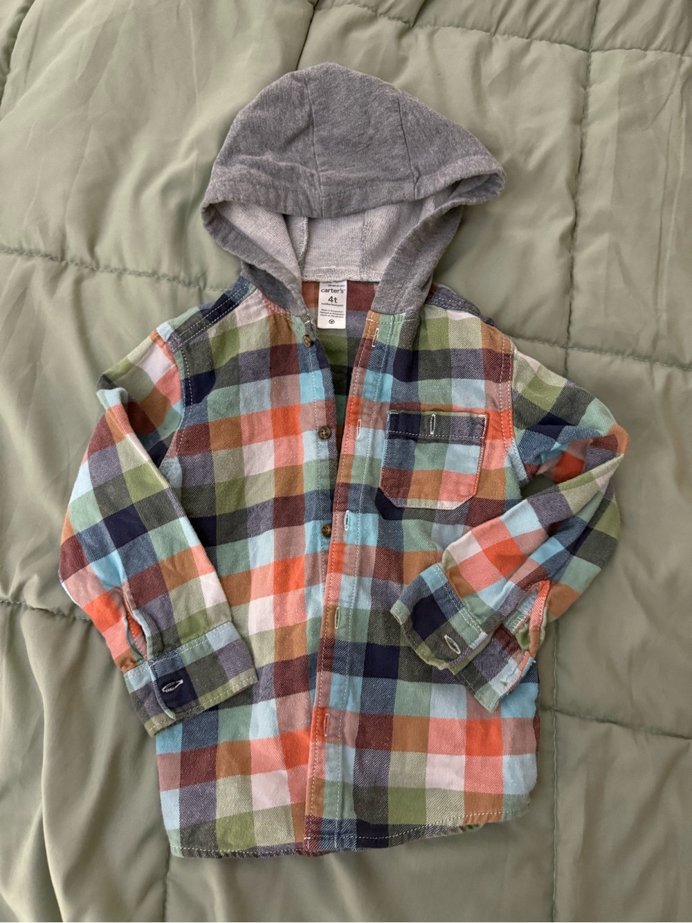 Carter's Multicolor Plaid Button-Front Shirt with Gray Hood